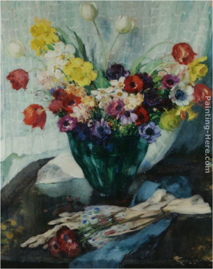 Fernand Toussaint Vase de Fleurs et Rideau Blanc